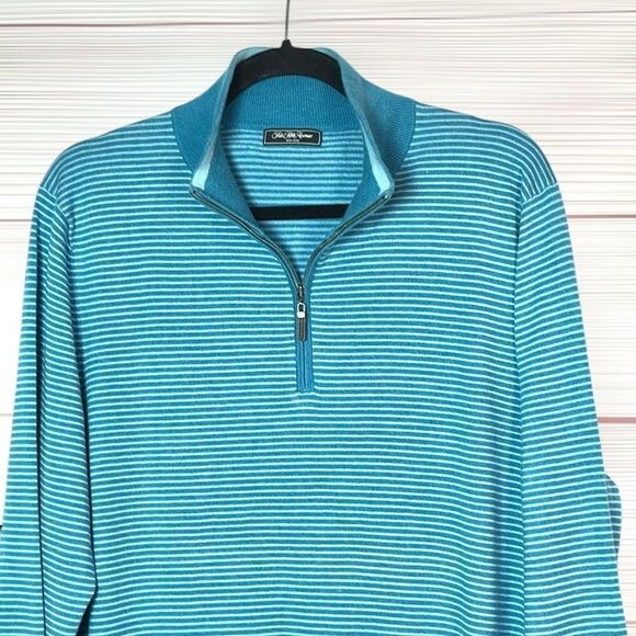 Saks Fifth Avenue Blue Striped Sweater Quarter Zip Silk Cotton Men’s L - Picture 4 of 9